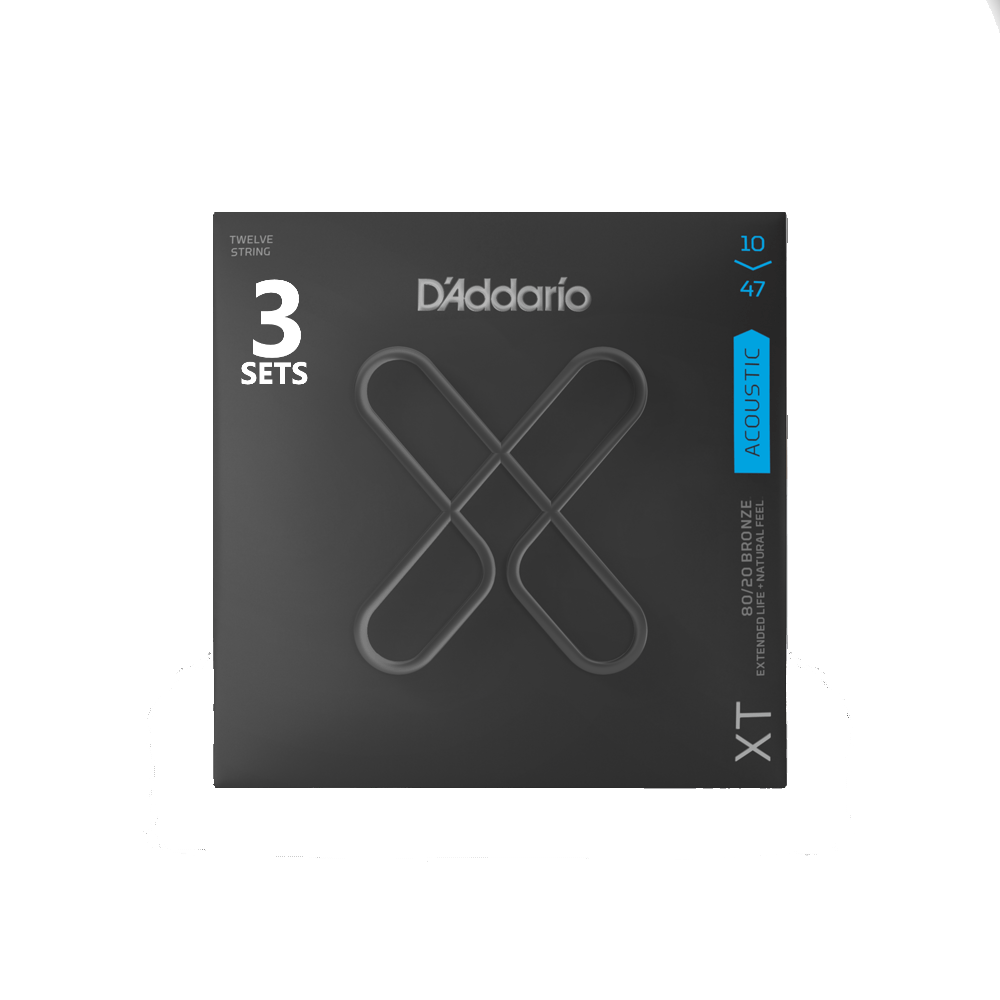 D'Addario XTABR1047-12-3P 10-47 Light 12-String, XT 80/20 Bronze Coated Acoustic Guitar Strings (3-SETS)