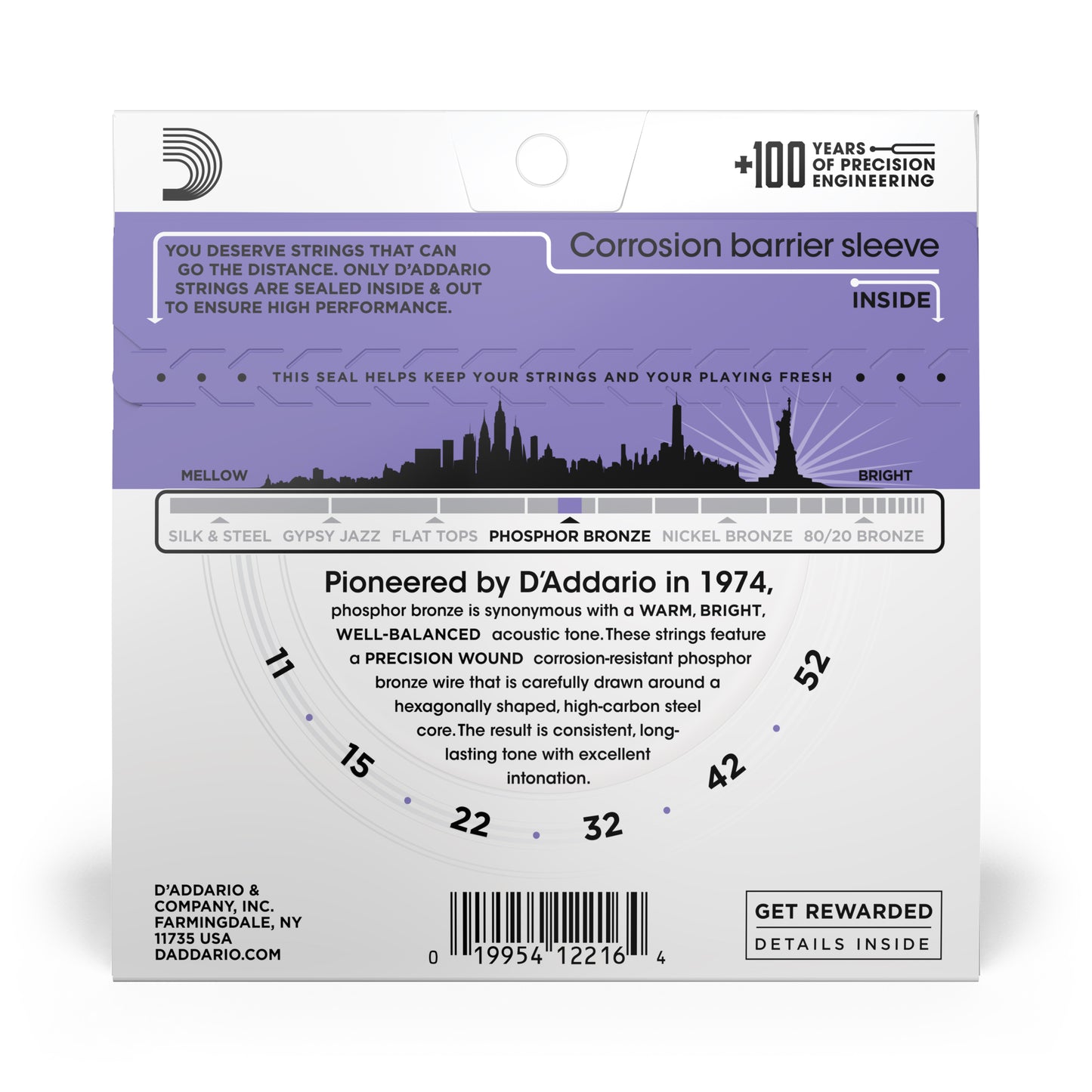 D'Addario EJ26-3D Custom Light (11-52), Phosphor Bronze Acoustic Guitar Strings (3 SETS)