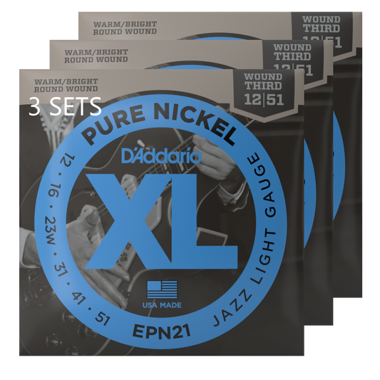 D'Addario EPN21-3D 12-51 Jazz Light, XL Pure Nickel Electric Guitar Strings (3-SETS)