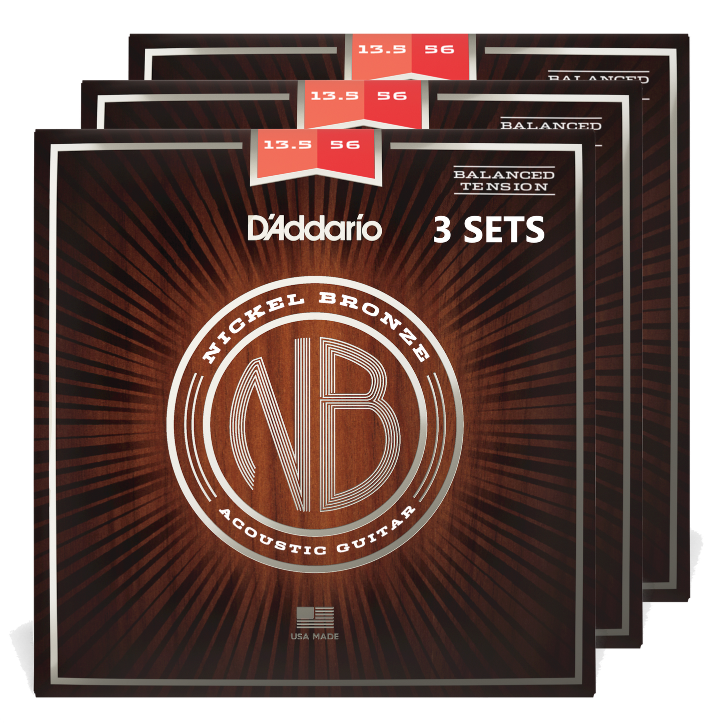D'Addario NB13556BT-3P Nickel Bronze Acoustic Guitar Strings, Balanced Tension Med (3 SETS)