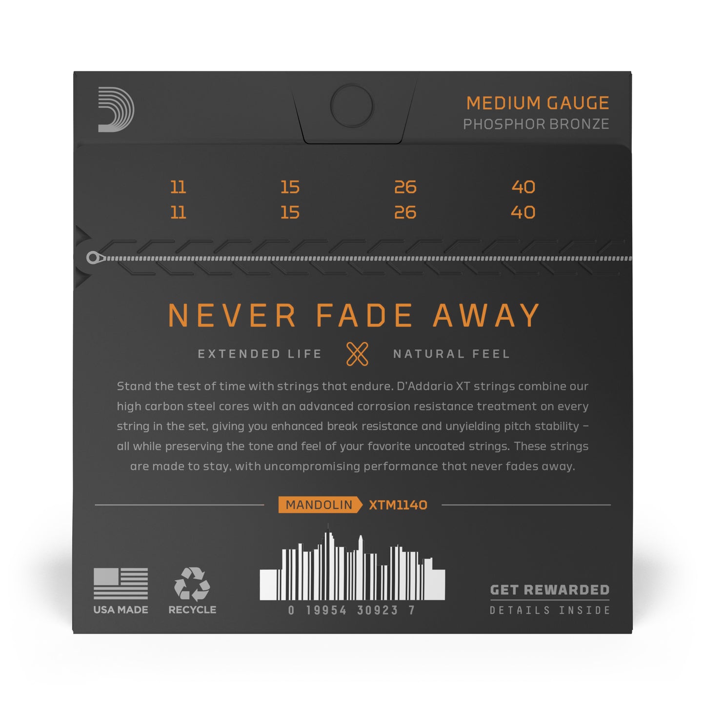 D'Addario XTM1140-3P XT Coated Phosphor Bronze Mandolin Strings, Medium 11-40 (3 SETS)