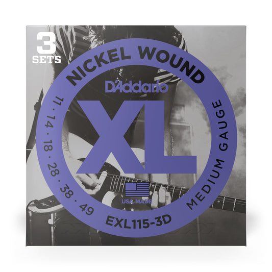 D'Addario EXL115-3D XL Nickel Wound Electric Guitar Strings 11-49 Medium (3-Pack)
