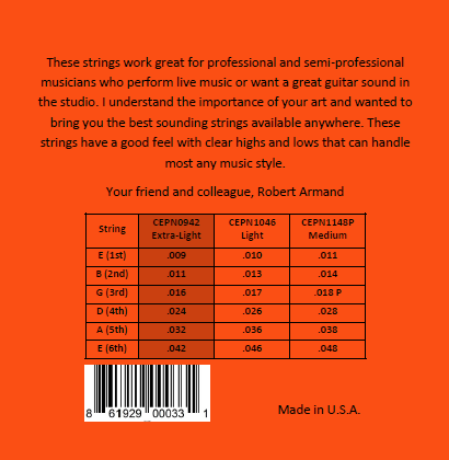 Robert Armand CEPN0942-3 Pure Nickel Electric Guitar Strings Extra-Light Gauge 9-42 (3-SETS)
