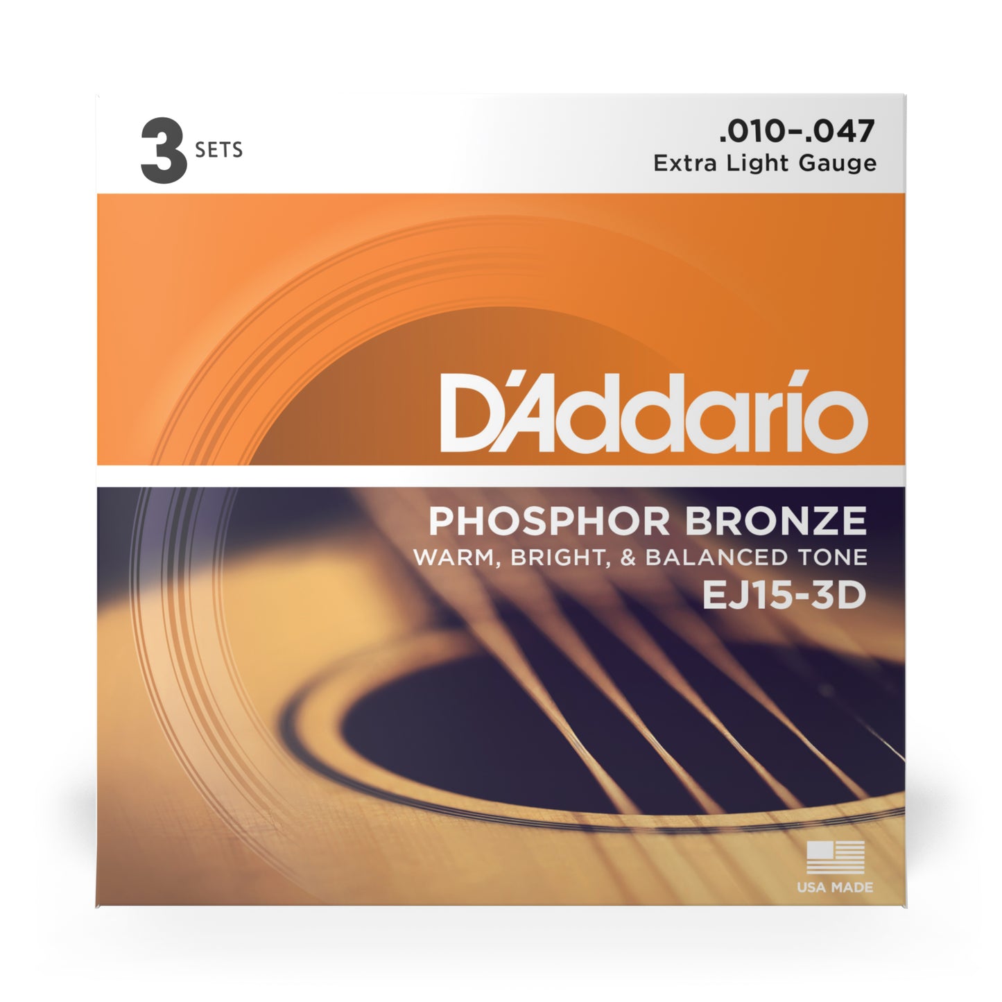 D'Addario EJ15-3D Extra Light (10-47), Phosphor Bronze Acoustic Guitar Strings (3 SETS)