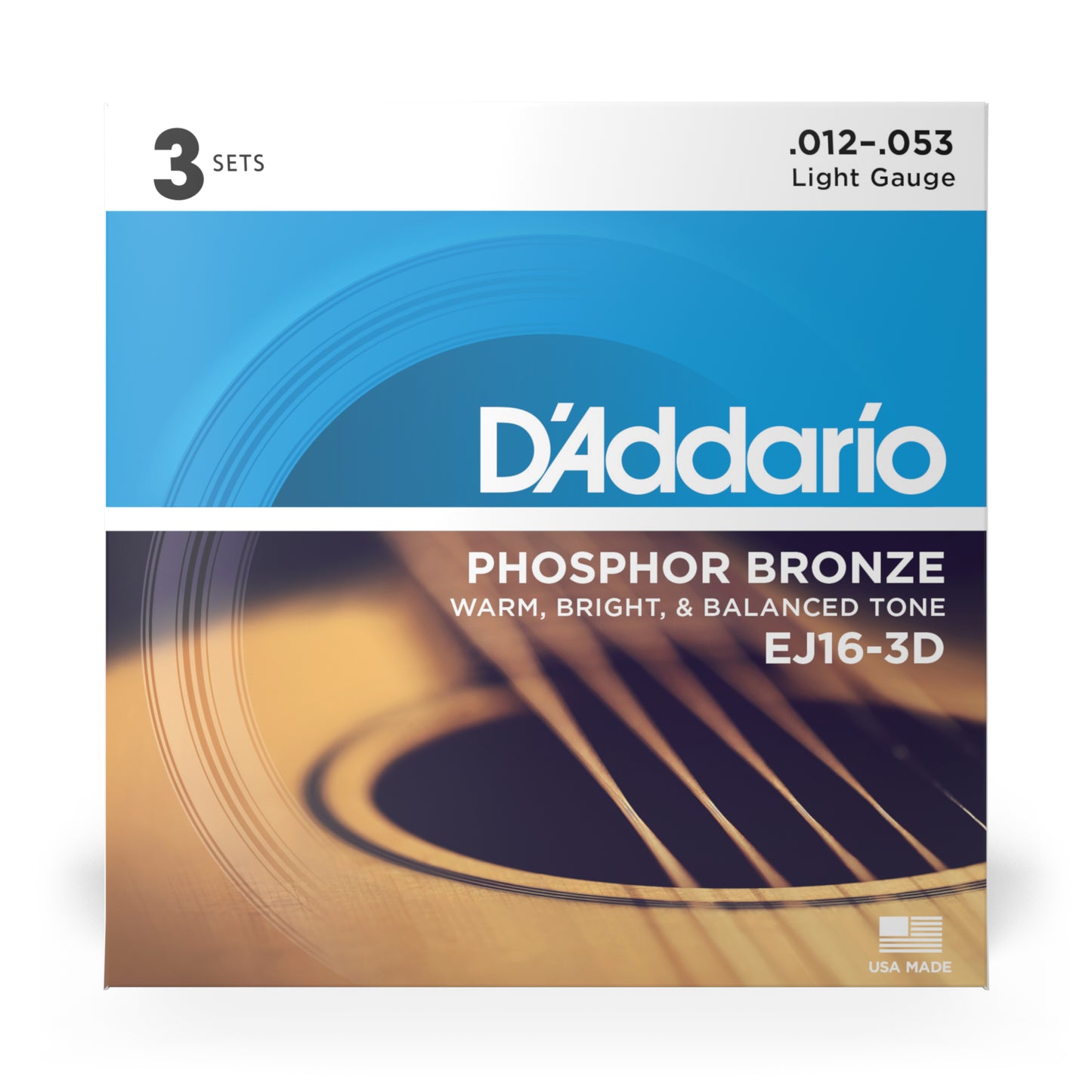 D'Addario EJ16-3D Light (12-53), Phosphor Bronze Acoustic Guitar Strings (3 SETS)