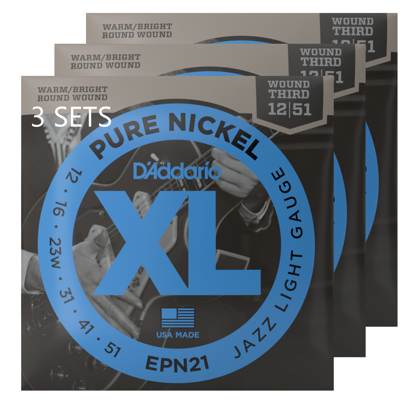 D'Addario EPN21-3D 12-51 Jazz Light, XL Pure Nickel Electric Guitar Strings (3-SETS)