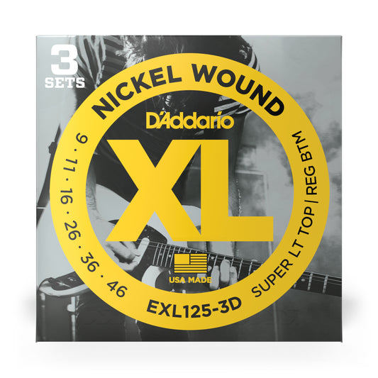 D'Addario EXL125-3D Nickel Wound Electric Guitar Strings 09-42 Gauge (3-Pack)