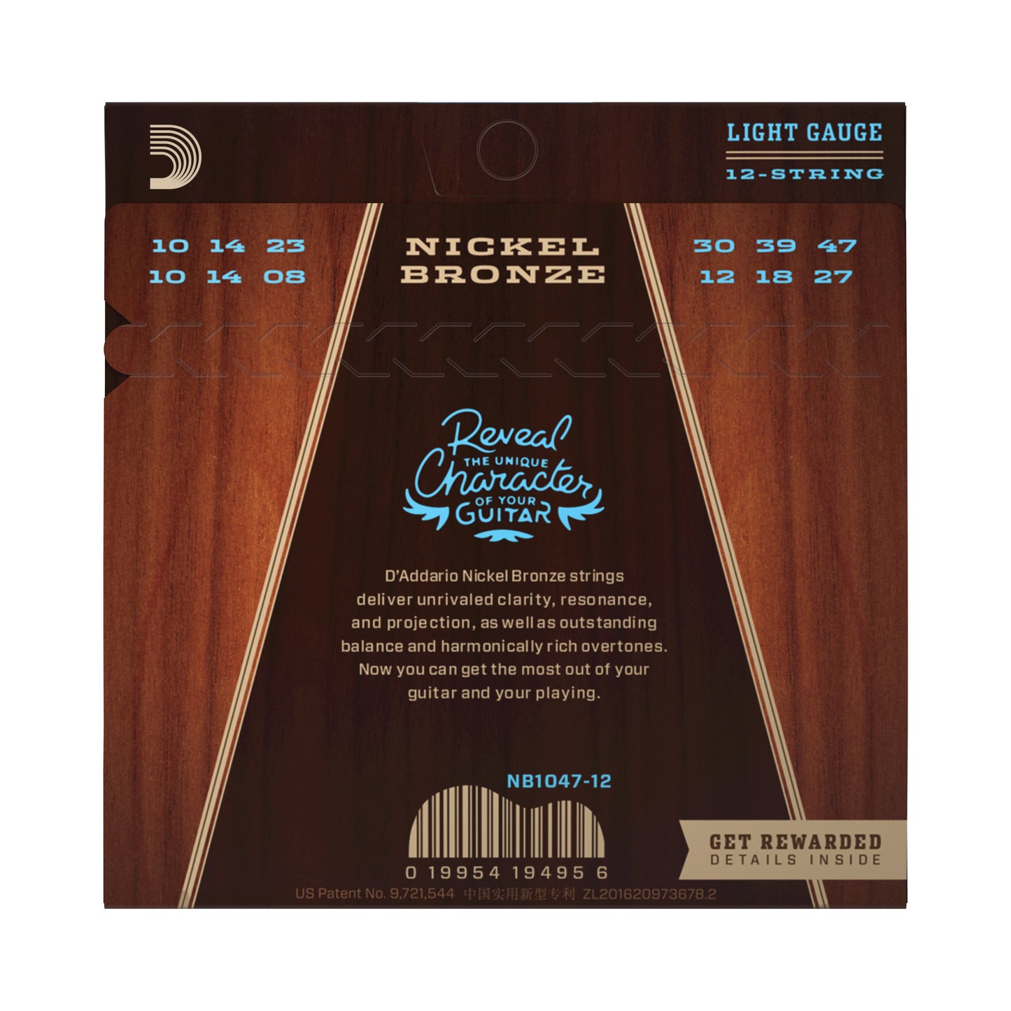 D'Addario NB1047-12-3P Nickel Bronze Acoustic Guitar Strings, Light 12-Str, 10-47 (3 SETS)