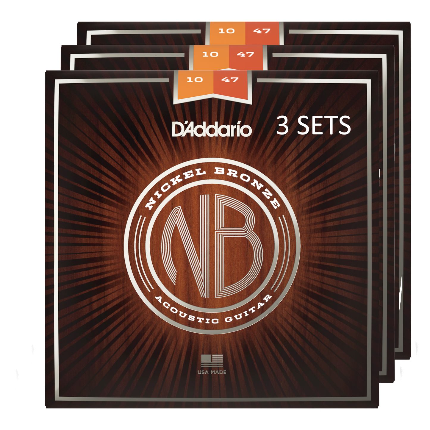 D'Addario NB1047-3P Nickel Bronze Acoustic Guitar Strings, Extra-Light 10-47 (3-SETS)