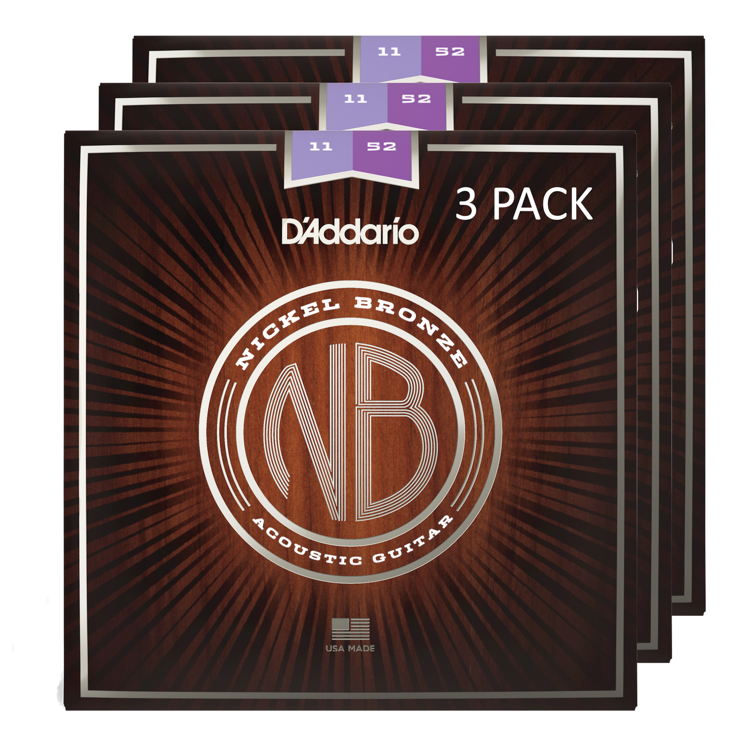 D'Addario NB1152-3P Nickel Bronze Acoustic Guitar Strings, Custom-Light 11-52 (3 SETS)