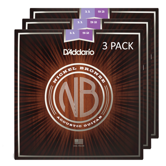 D'Addario NB1152-3P Nickel Bronze Acoustic Guitar Strings, Custom-Light 11-52 (3 SETS)