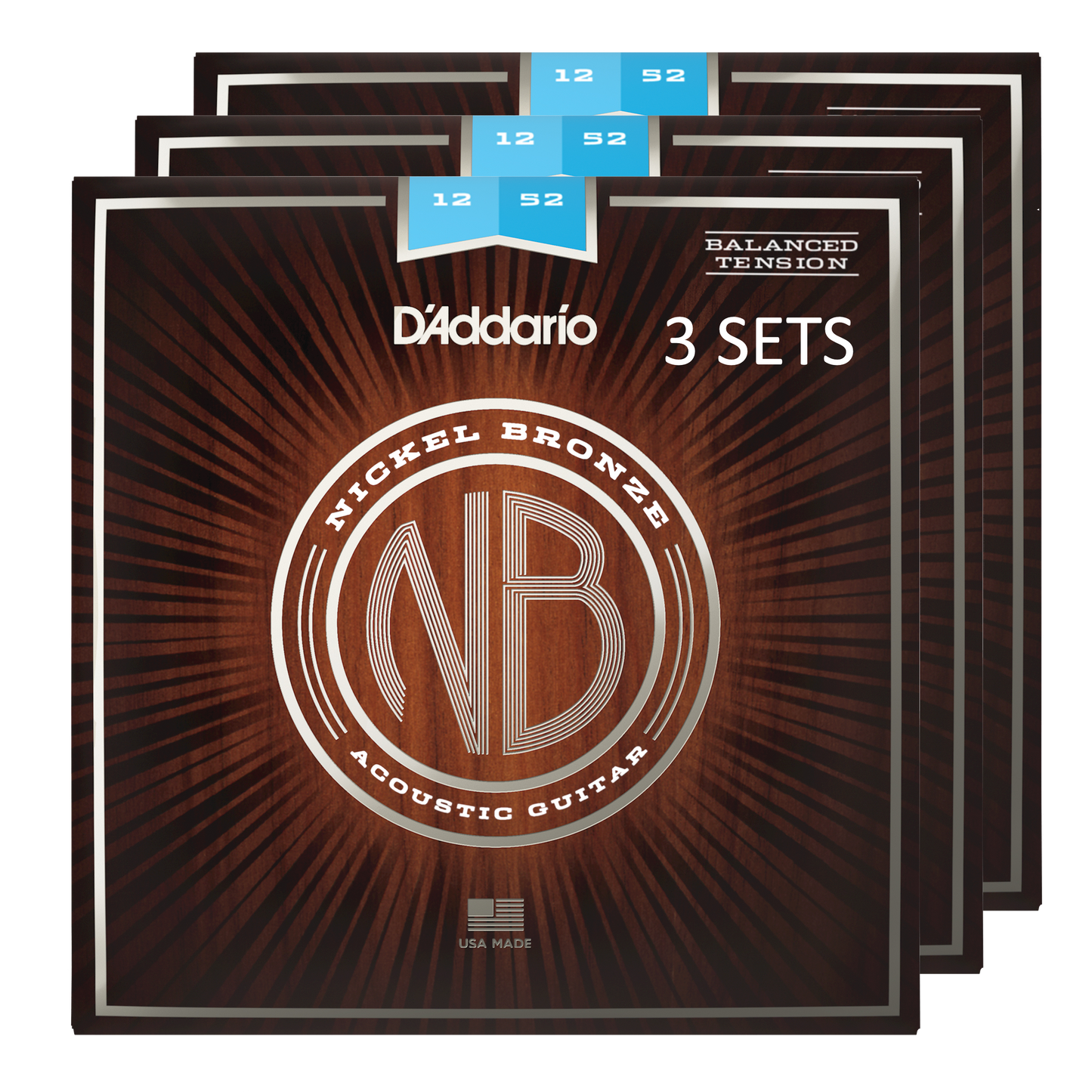 D'Addario NB1252BT-3P Nickel Bronze Acoustic Guitar Strings, Balanced Tension Light (3 SETS)