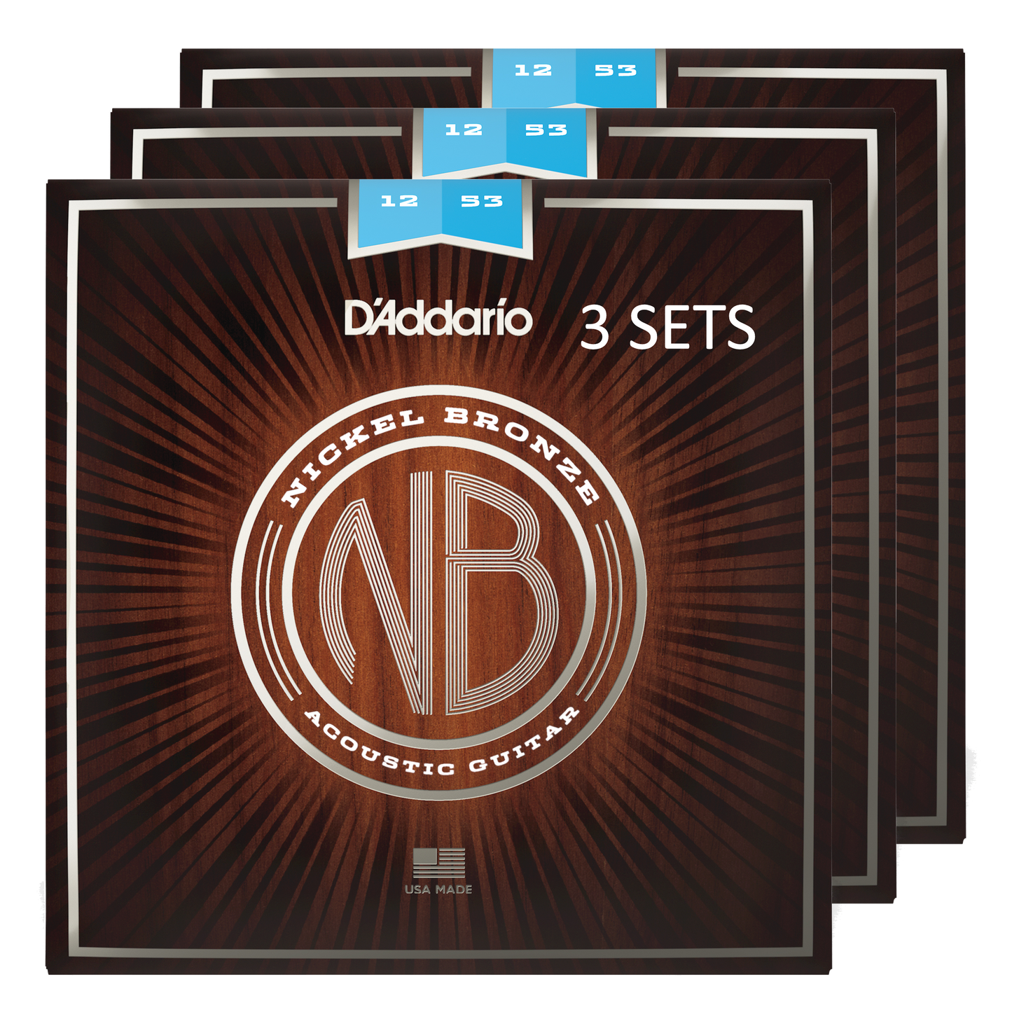 D'Addario NB1253-3P Nickel Bronze Acoustic Guitar Strings, Light, 12-53 (3 SETS)