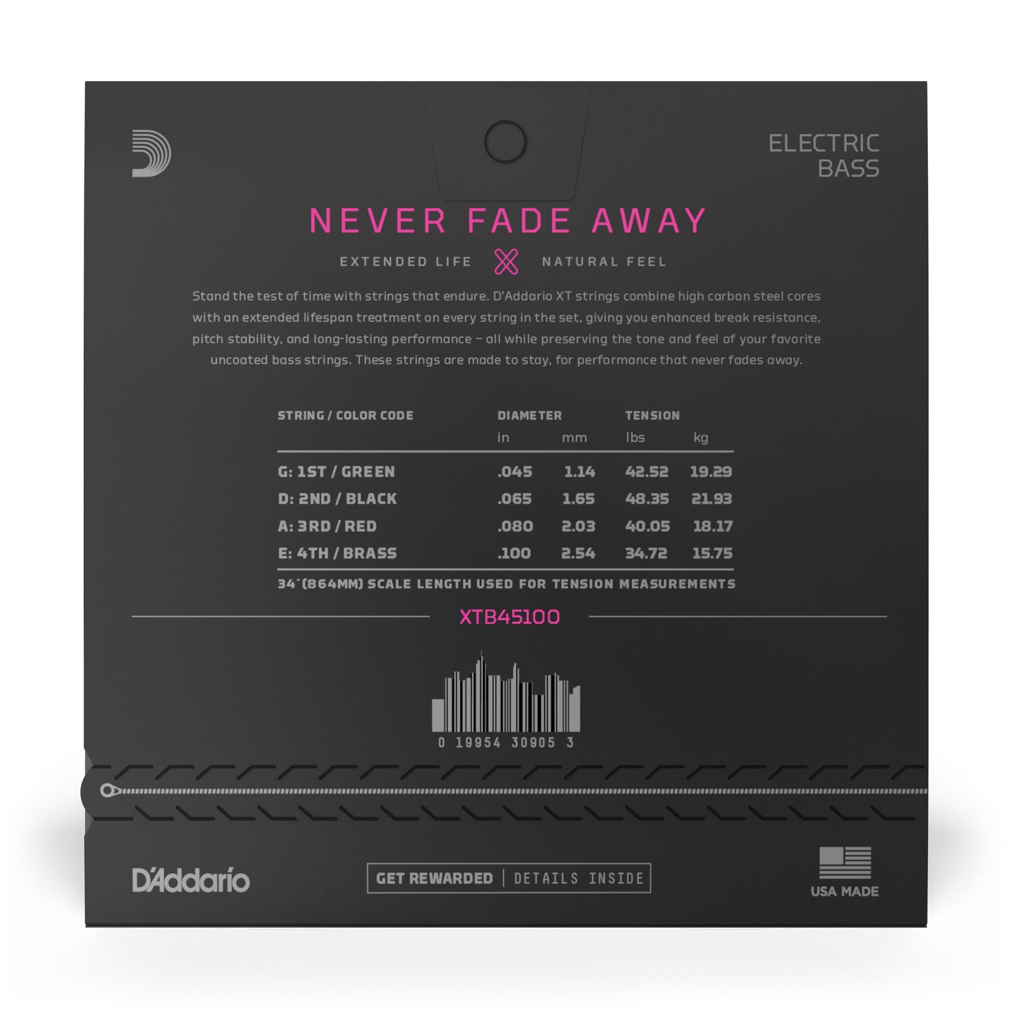 D'Addario XTB45100 Regular Light (45-100), Long Scale, XT Nickel Coated Bass Strings